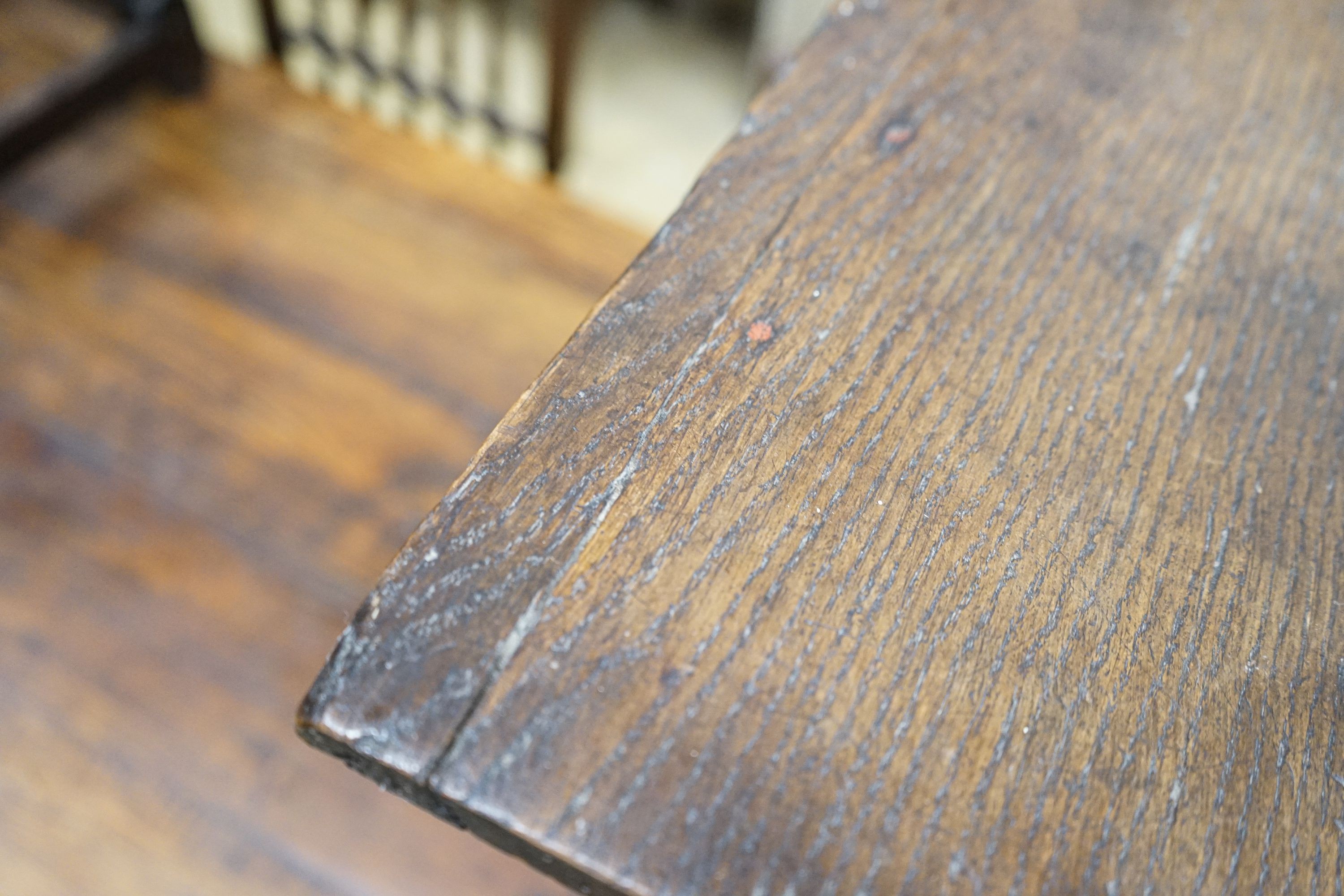 An early 18th century oak side table, with turned legs and pad feet, width 58cm and a 17th century style oak side table, width 55cm, depth 36cm, height 61cm